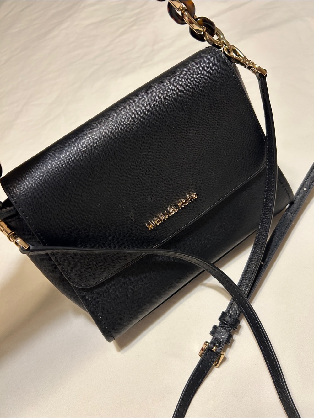 Michael Kors Black Leather Crossbody with Gold Chain Detail
